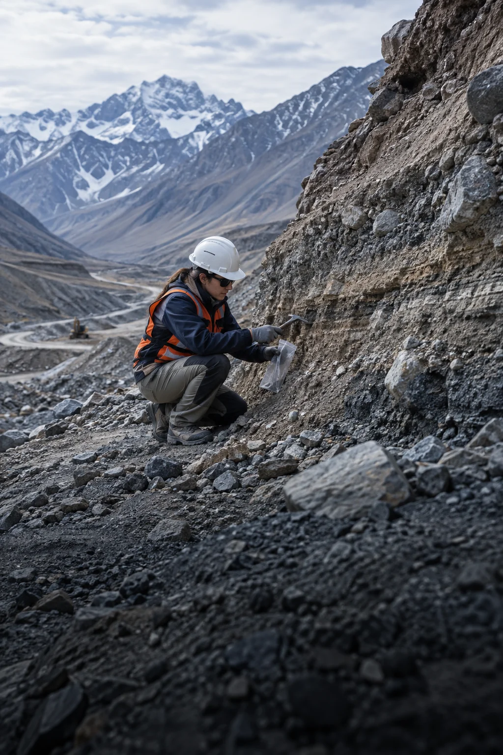 Profesional analizando suelo y roca en terreno de montaña