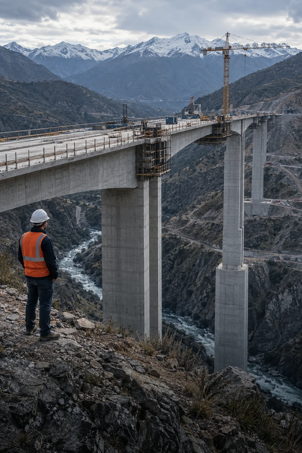 Puente de hormigón en construcción en una zona montañosa