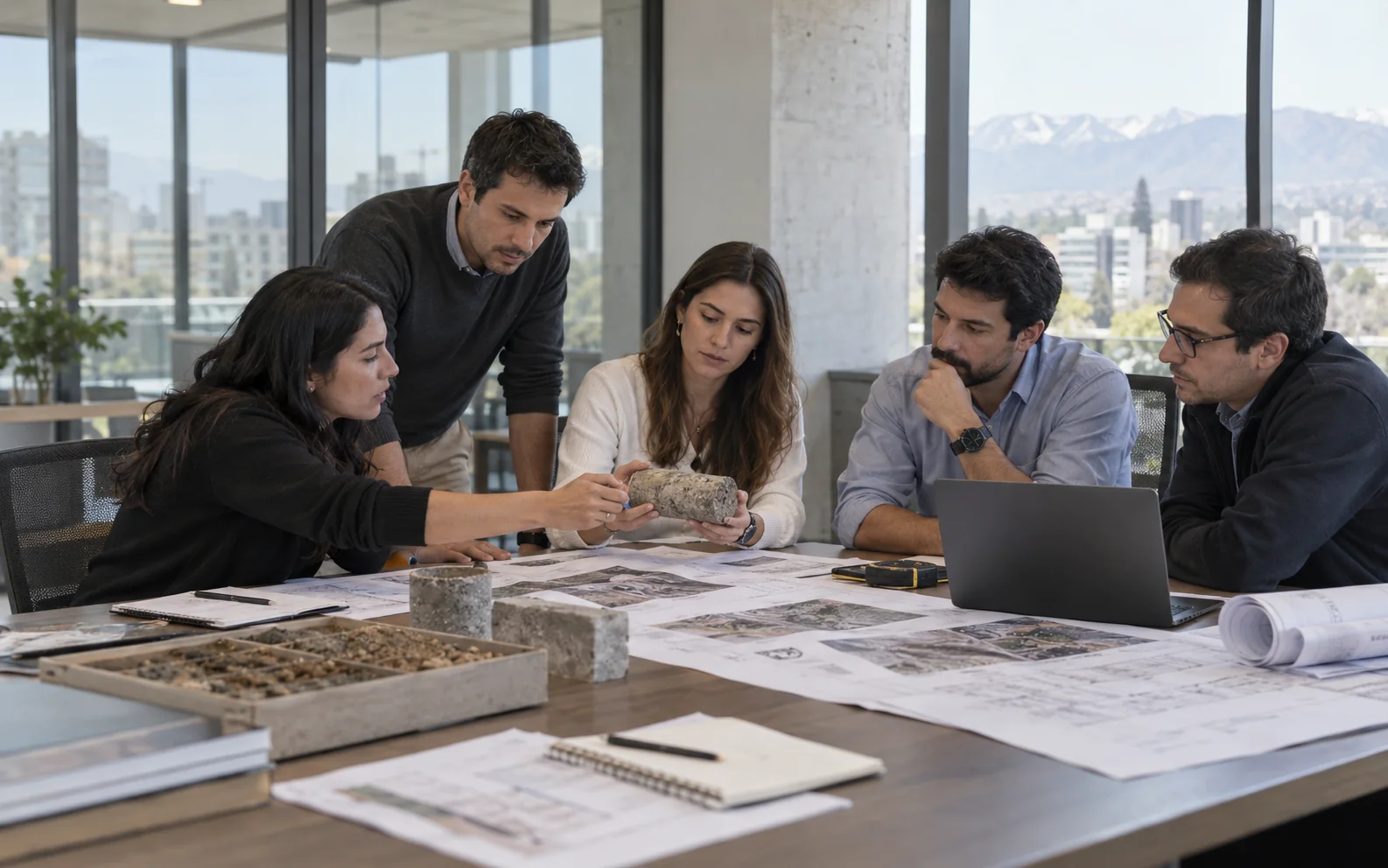 Representación de profesionales revisando planos y muestras de suelo en una reunión técnica